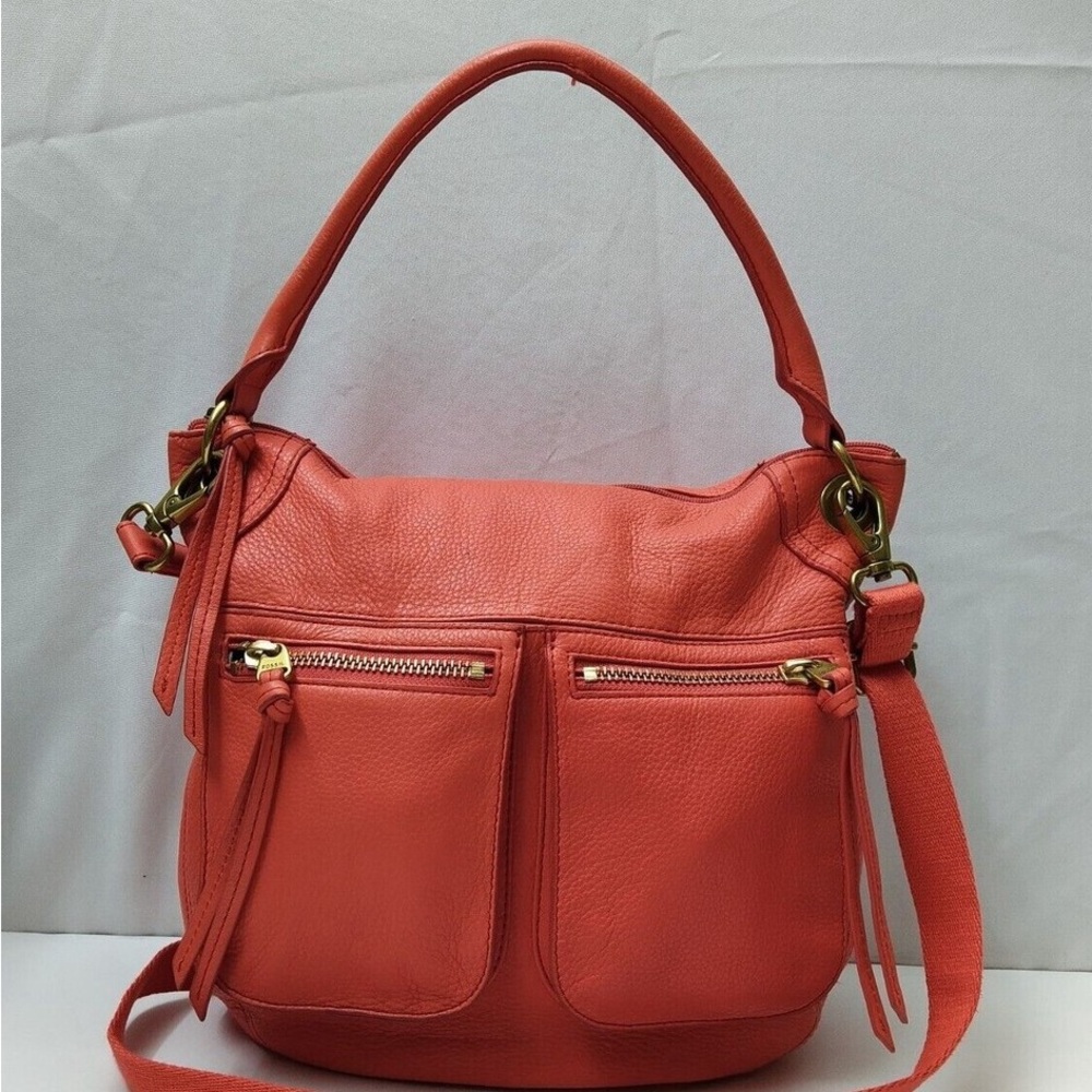 Fossil Orange Red Leather Zipper Front Pocket Crossbody Shoulder Bag Purse